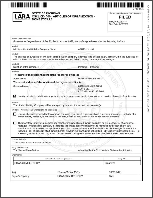 STATE OF MICHIGAN CSCL/CD- 700 - ARTICLES OF ORGANIZATION - DOMESTIC LLC